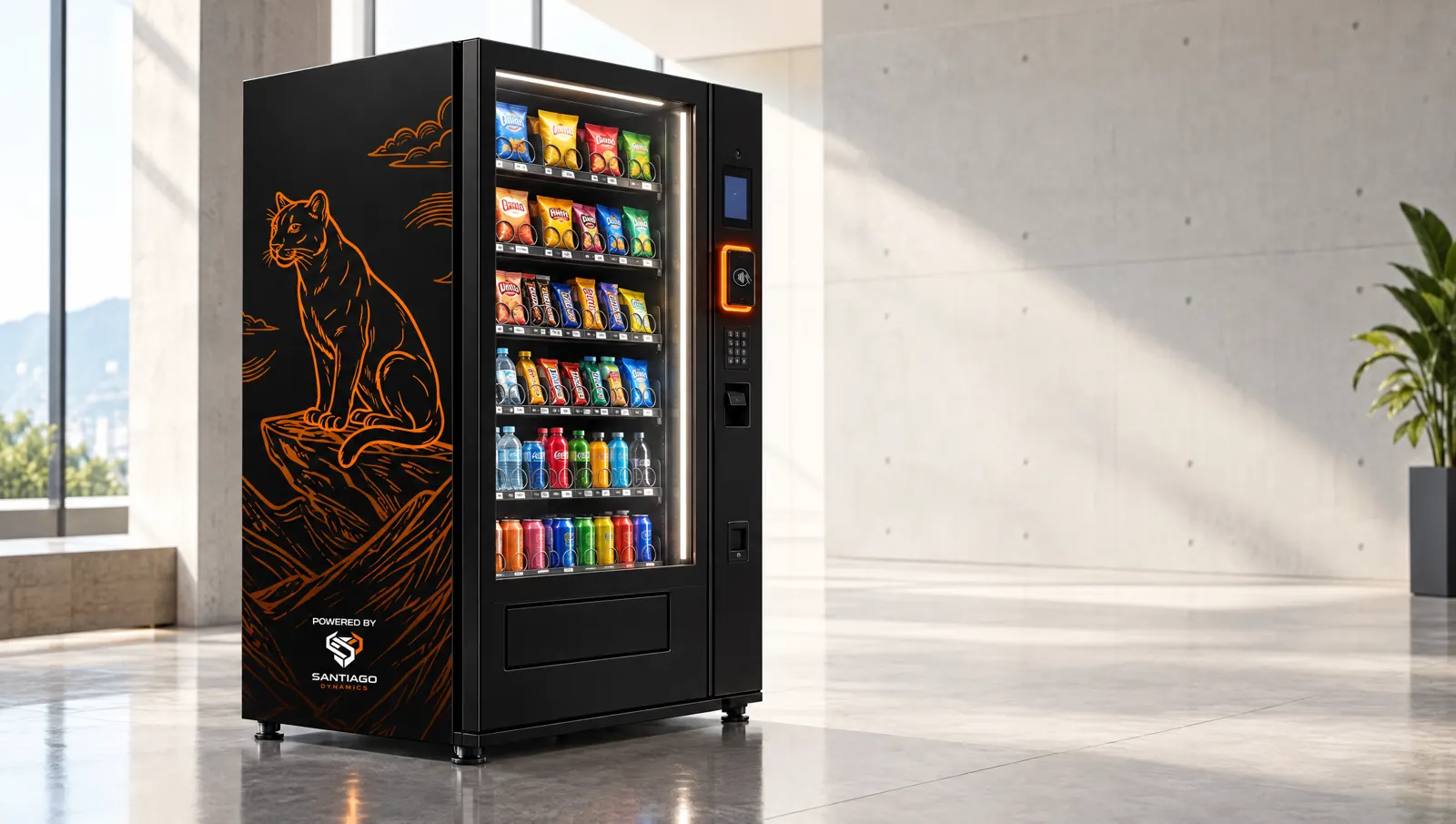 Máquina de vending Santiago Dynamics en un recinto moderno
